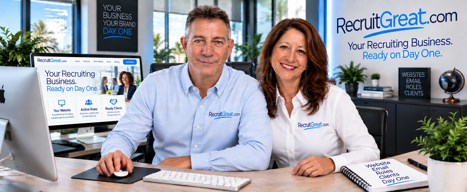 RecruitGreat recruiting partners at their desk, with the RecruitGreat.com sign on the office wall behind them