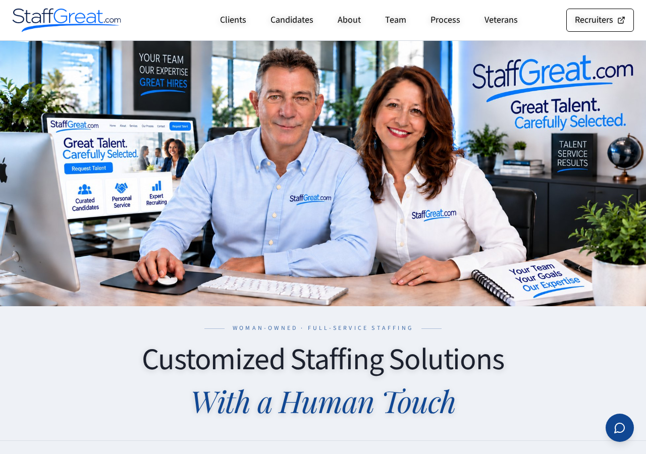 Preview of the StaffGreat.com home page — your agency website is built to this standard, with your brand